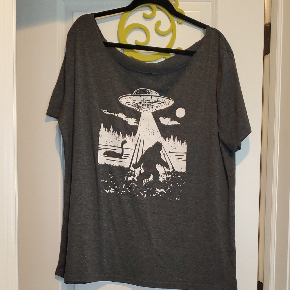 Dark Gray Tee with UFO and Bigfoot Graphic
